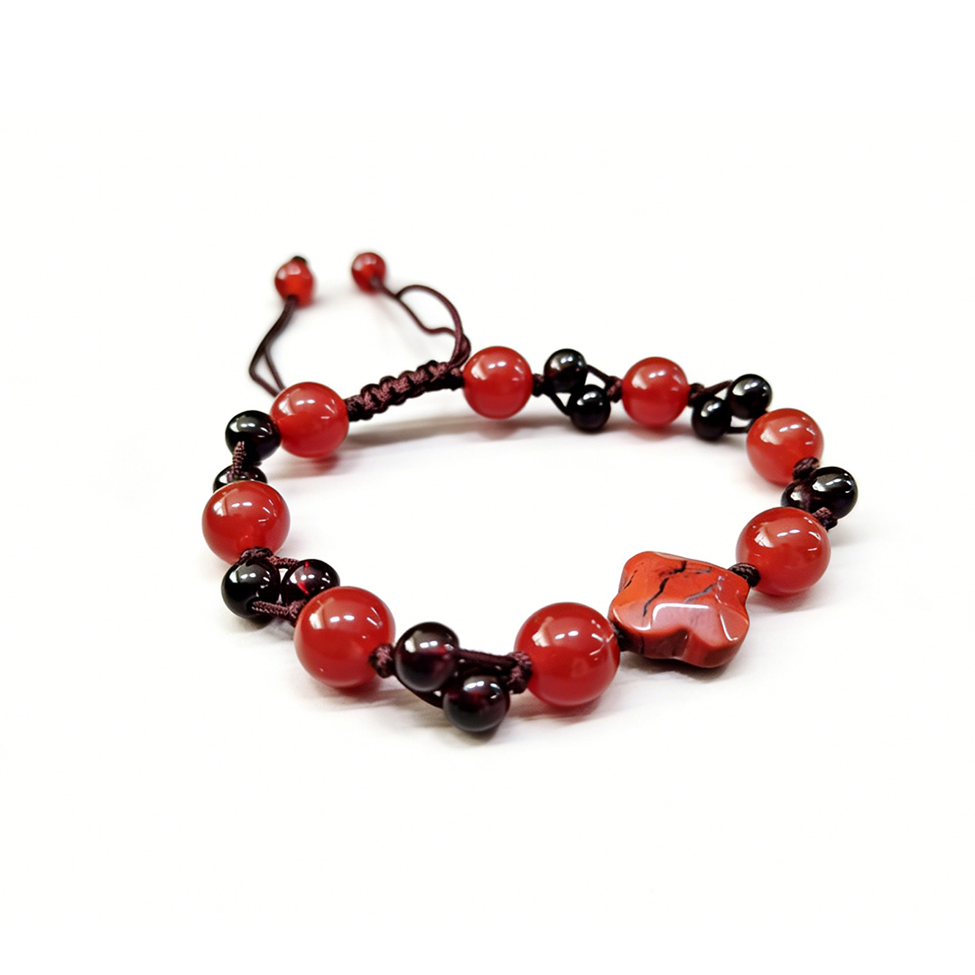TB5-Red Agate Beaded Bracelet with Flower Charm – Adjustable Handmade Bracelet